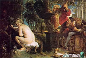 ציור המתאר שני זקנים המנסים לתקוף מינית אישה בדרכה להתקלח